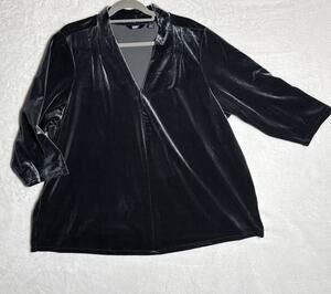 Lands End Womens 3X Black Velvet Top Pullover V Neck Plus Size 24W 26W Holiday